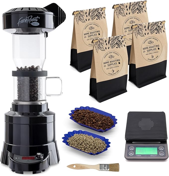Fresh Roast Coffee Roaster Bundle SR540, Glass Extension Tube, Pour Over Digital Scale, (4lbs) Sample Pack of Green Beans, (2-Pack) Sample Trays, Chaff Brush