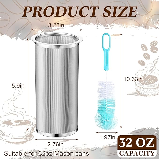 Acellegic Cold Brew Coffee Filter with Brush Tea Infuser Strainer for 32 Oz/1 Quart Wide Mouth Mason Jar 304 Stainless Steel Food Grade Filter with Sealing Ring for Iced Drink Fruit Tea Coffee Maker