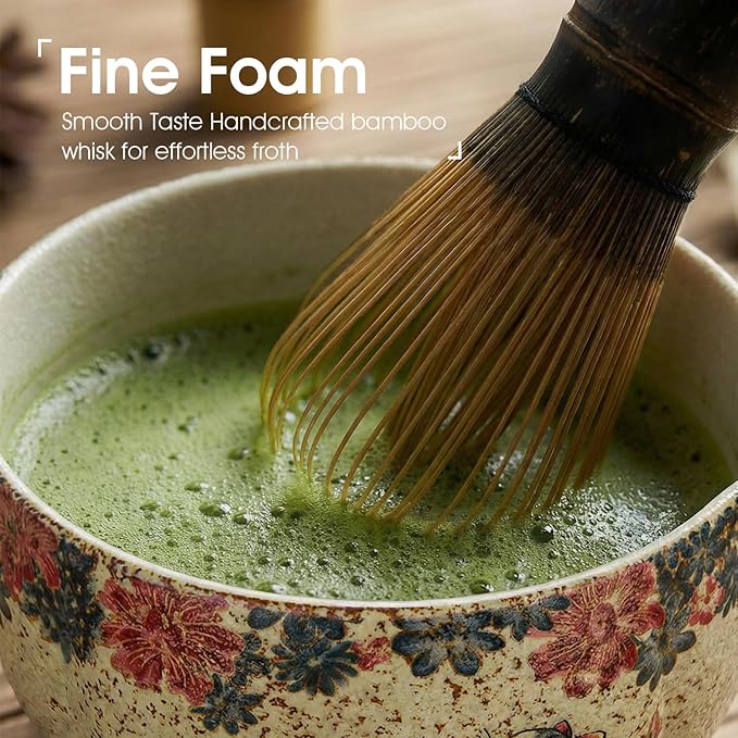 7-Piece Matcha Set with Matcha Bowl, Bamboo Whisk (Chasen) & Holder, Sifter, Tea Scoop & Rest, Special Bamboo Tea Mat - Perfect Matcha Kit for Matcha Lovers & Gift Giving, Kitty Pattern