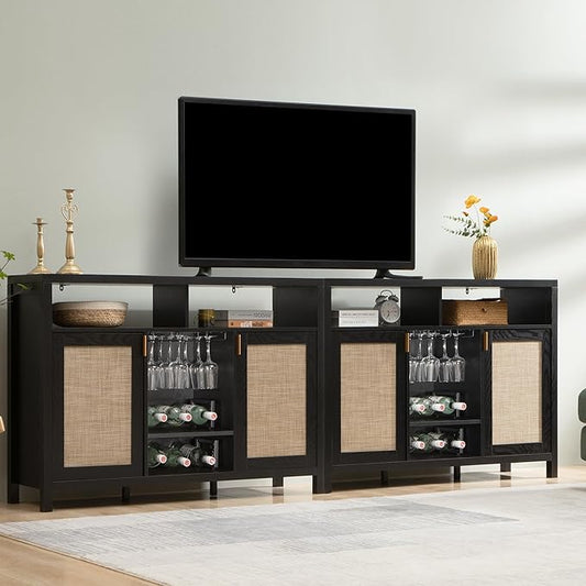 SICOTAS Rattan Coffee Bar Cabinet, 102" Sideboard Buffet Cabinet with Storage, Modern Liquor Wine Cabinet Set of 2 Credenza Console Buffet Table for Home Living Dining Room Entryway, Black
