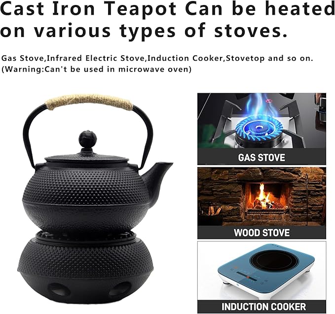 20.3oz Small Cast Iron Teapot Set with Warmer, Japanese Black Tea Kettle for Stovetop Safe, Teapot and Cups Set, Tea Pot with Stainless Steel Infuser for Loose Tea(600ml)