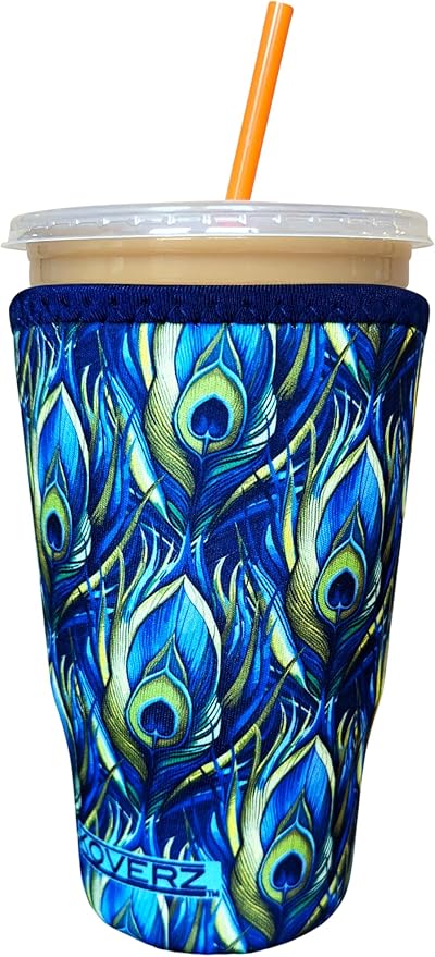 Koverz Iced Coffee Sleeve, Insulated Neoprene Cup Sleeve, Fits a 32 Oz. Coffee Cup, Washable and Reusable, Iced Coffee Accessories, Large Peacock
