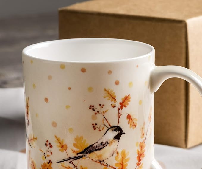 Maison d' Hermine Coffee Mug with Handles Fine Bone China Mugs Pack of One Tea Cups for Hot Beverages Cappuccino Latte Home Restaurant Office Perfect for Gift (Oak Leaves - Jaya & Friends, 12 Ounce)