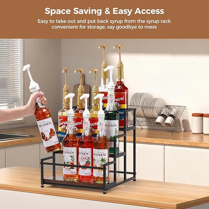 ICOHOT Coffee Syrup Rack Organizer, 3-Tier 12 Syrup Bottles Holder Stand for Coffee Bar, Liquor Bottle Display Shelf Bar Shelf Stand Countertop Rack for Syrup, Wine, Spice