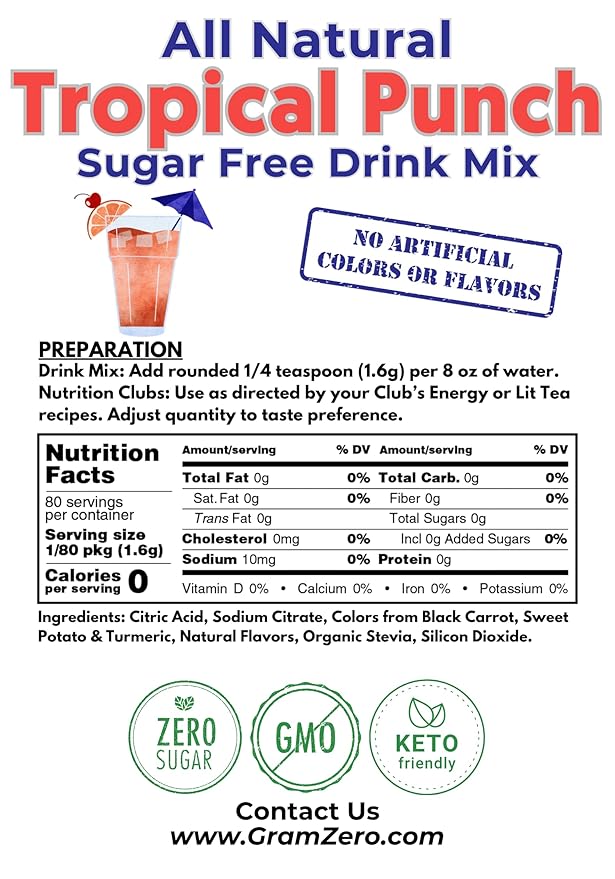 GramZero All Natural Tropical Punch Zero Calorie Sugar Free Drink Mix, Great For Nutrition Club Loaded Tea, Stevia Sweetened