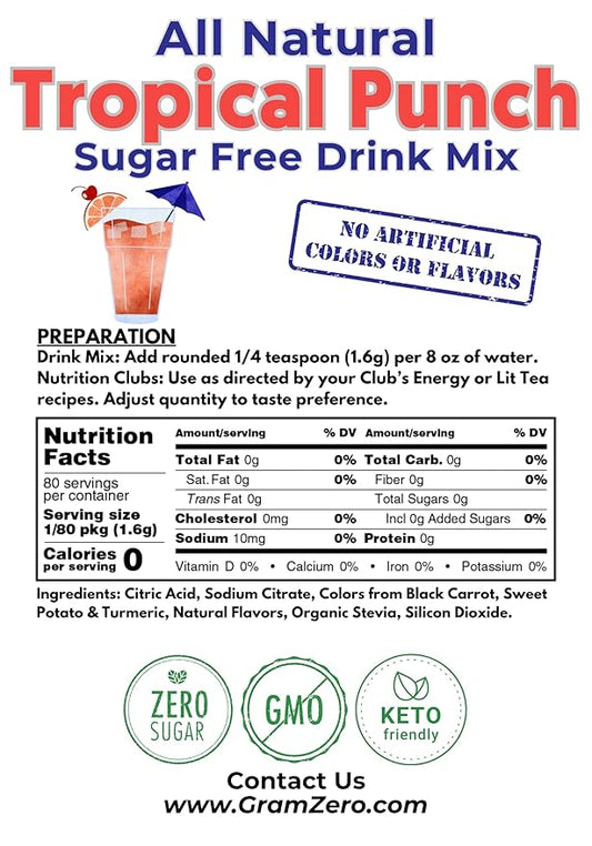 GramZero All Natural Tropical Punch Zero Calorie Sugar Free Drink Mix, Great For Nutrition Club Loaded Tea, Stevia Sweetened