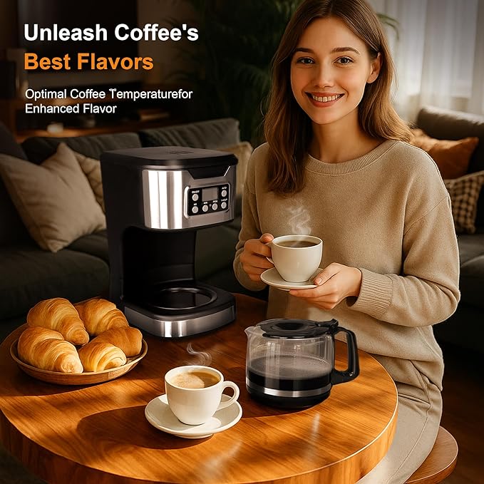 Programmable Coffee Maker 12 Cup Brew & Drip coffee machine, Fully Automatic, 1-4 Cup Setting, Stainless Steel, Keep- Warm Function, Household, Home and Office, Black