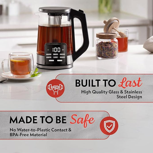 Gourmia Electric Programmable Glass Kettle – 1.7L Temperature Control Tea & Coffee Kettle with Digital Touch Display, 6 Presets, Keep Warm, Removable Stainless Steel Infuser, 360° Swivel Base – Red