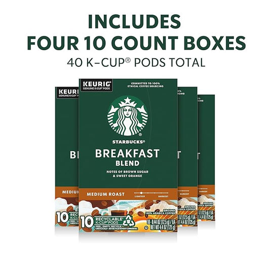 Starbucks K-Cup Coffee Pods, Medium Roast Hot or Iced Coffee, Breakfast Blend, 40 Keurig Pods