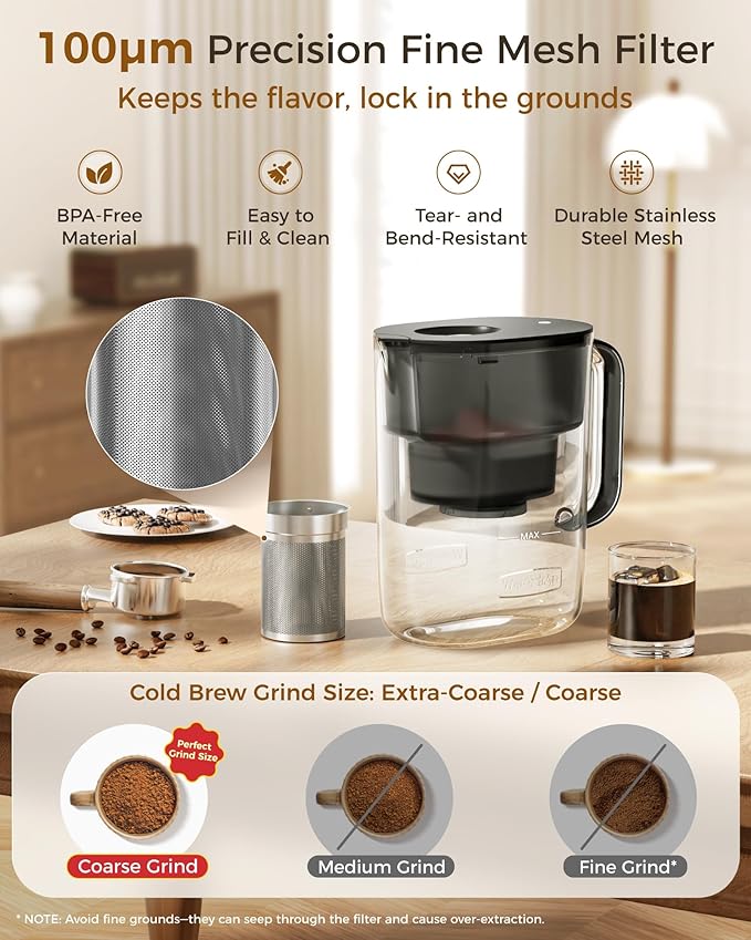 Waterdrop Cold Brew Coffee Maker with 1 Magnesium Water Filter, Well-Balanced Acidity, Unlocks Flavor and Aroma, BPA-Free, Precision Fine Mesh Filter for Iced Coffee, Tea, Lemonade, Black