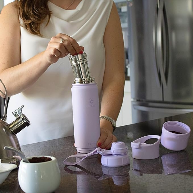 Tea Infuser Bottle & Cold Brew Travel Bottle – 18oz Insulated Flask with Storage, Filter & Dual Lids – For Work, Wellness & Gym – FLASKMATE All-in-One System (Mystic Lilac)