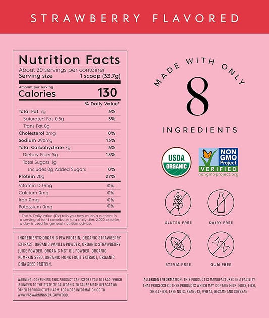 Truvani Vegan Pea Protein Powder | Strawberry | 20g Organic Plant Based Protein | 20 Servings | Keto | Gluten & Dairy Free | Low Carb | No Added Sugar