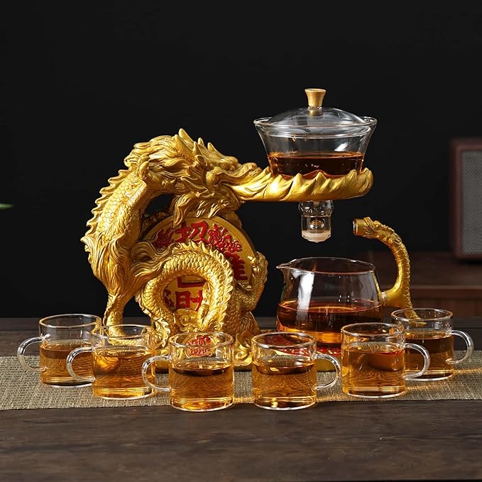 Glass Teapot Set with Infuser Semi Automatic Dragon Tea Set with 6 Small Cups (golden dragon-b)