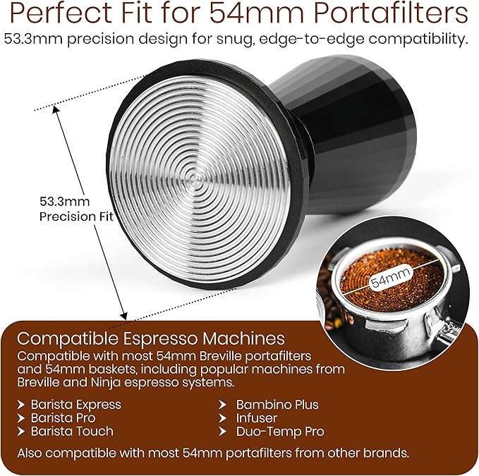 Calibrated Espresso Tamper with 30lb Click Feedback – 3 Interchangeable Bases for Custom Tamping (Convex, Grooved, Waffle) – Ergonomic Handle – Fits 54mm Breville-Compatible Portafilters