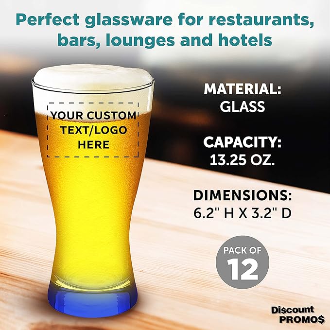 Custom Pilsner Glasses 13.25 oz. Set of 12, Personalized Bulk Pack - Made in the USA, Perfect for Hotels, Restaurants, Bars and Even Party Favors - Blue