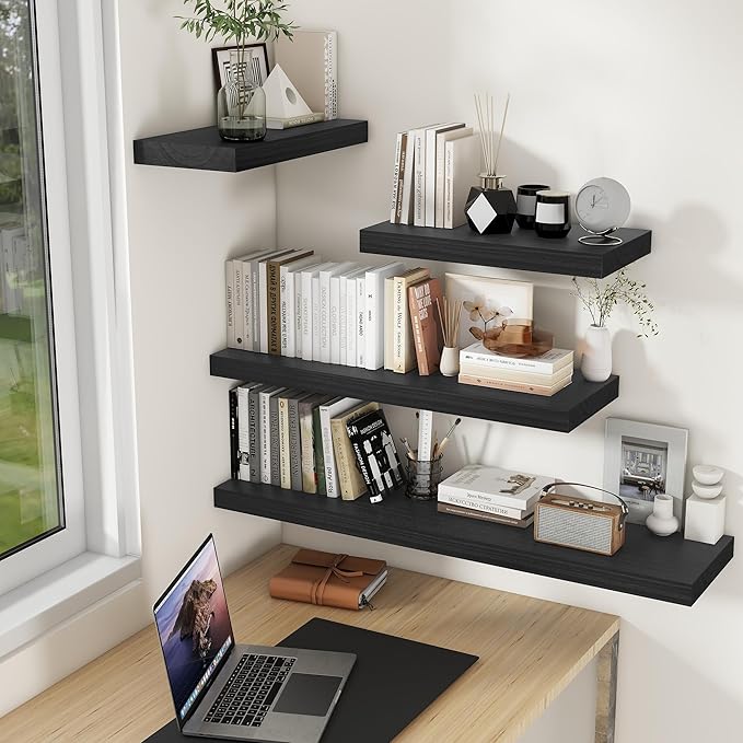 Fun Memories 9 Inch Deep Black Floating Shelves, Farmhouse Rustic Natural Wood Floating Shelf Wall Mounted, 30 x 9 Wall Shelves Set of 2, Deep Black Bathroom Shelves
