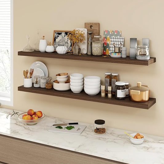 55 Inch Floating Shelves, 9.3" Deep Floating Shelf Wall Mounted, 56" Wall Shelves, Rustic Deep Bookshelf, Large Display Shelves & Storage Shelves for Bedroom, Living Room, Walnut, Set of 1