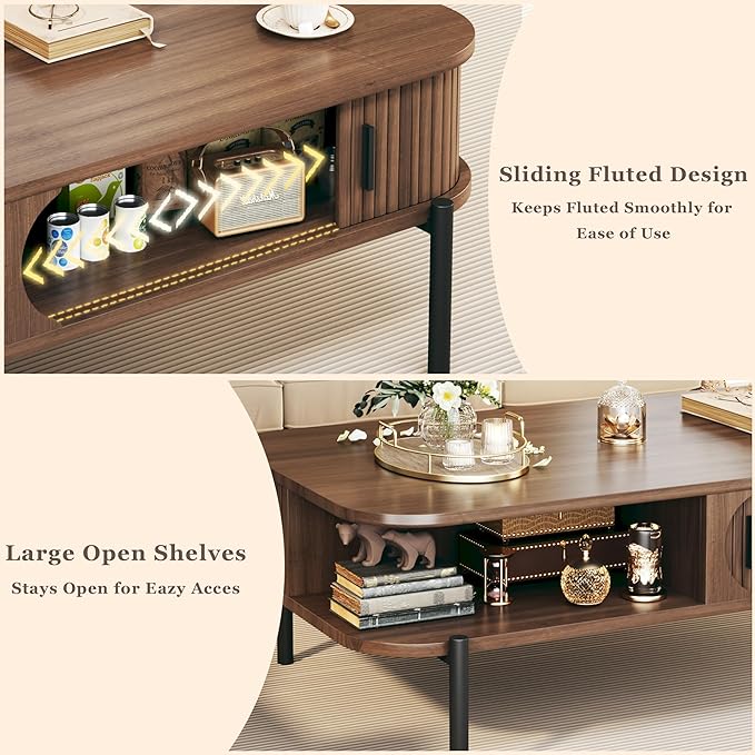 Coffee Table, 47.2" Mid Century Modern Coffee Tables for Living Room, Coffee Table with Storage Open Shelf, Fluted Table with Sliding Cabinet Door, 2-Tier Rustic Wood Desktop, Walnut