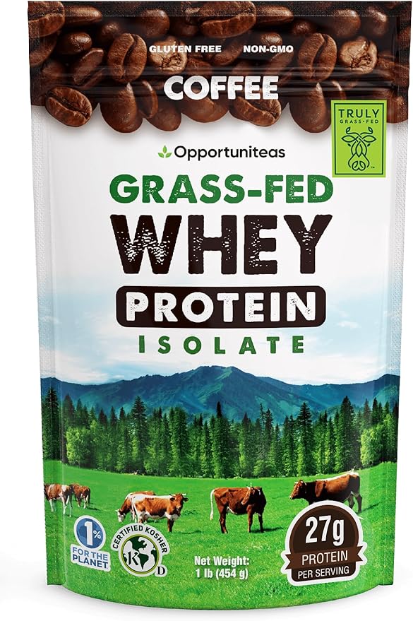 Opportuniteas Coffee Whey Protein Powder - Low Carb & Keto Friendly - Grass Fed Whey Isolate + Colombian Coffee - 60 mg Caffeine for Energy - Pre or Post Workout Drink Mix, Latte, Shake & Smoothie 1lb