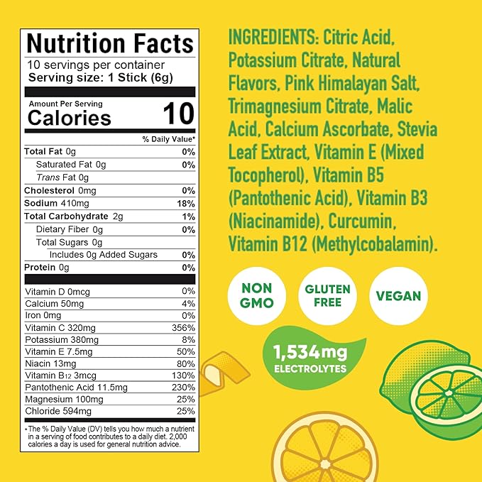 Pirq Hydration - Lemon Lime - Hydration Powder Packets | Electrolyte Drink Mix | Curcumin | B Vitamins | Zero Sugar | Keto Friendly | 10 Sticks