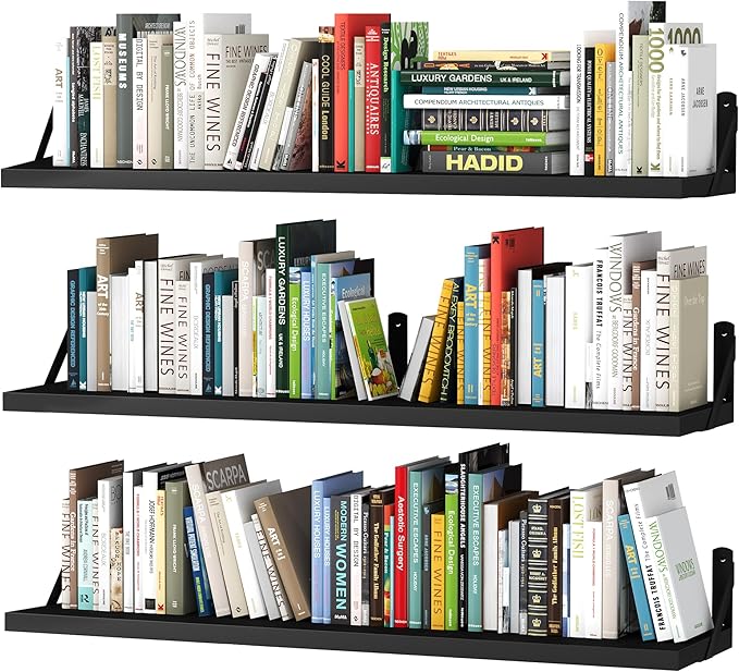 upsimples Floating Book Shelves for Wall, 35.4 Inches Long Floating Wood Shelves for Living Room, Library, Bedroom, Office Organizer and Storage, Black