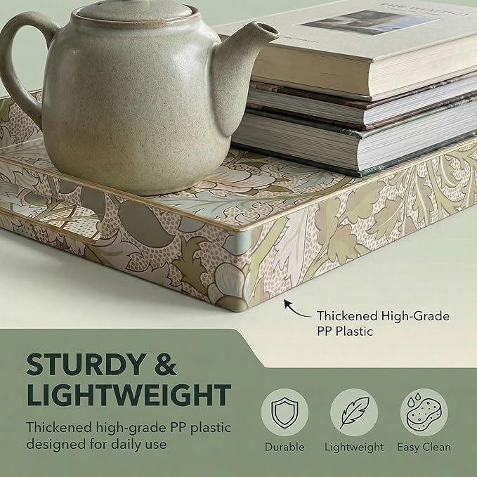Zosenley William Morris-Style Serving Tray with Handles - 15.7" x 11.8" Floral Pattern Decorative Platter for Coffee Table, Ottoman & Breakfast in Bed - Sturdy Plastic Rectangular Tray
