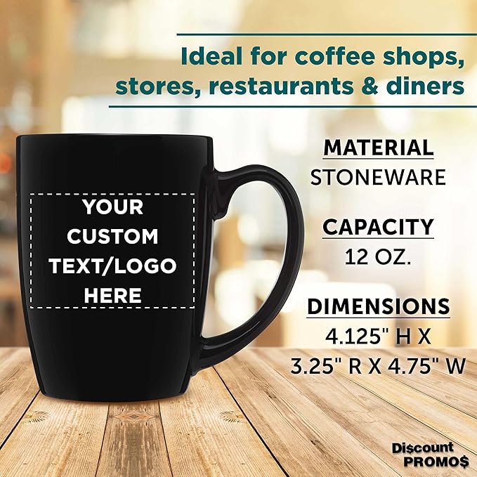 DISCOUNT PROMOS Custom Curved Java Coffee Mug 12 oz. Set of 10/50/100 - Personalized Bulk Pack - Stoneware Restaurant Cups - Black