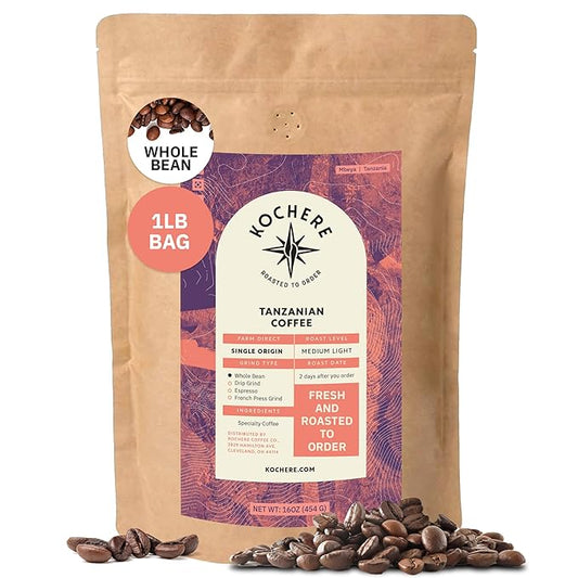 Kochere Tanzanian Specialty Whole Bean Coffee – 1LB Medium Roast – Freshly Roasted to Order – Single Origin, Farm Direct, Rich Flavored Coffee Beans – Fruity, Bright & Smooth Notes