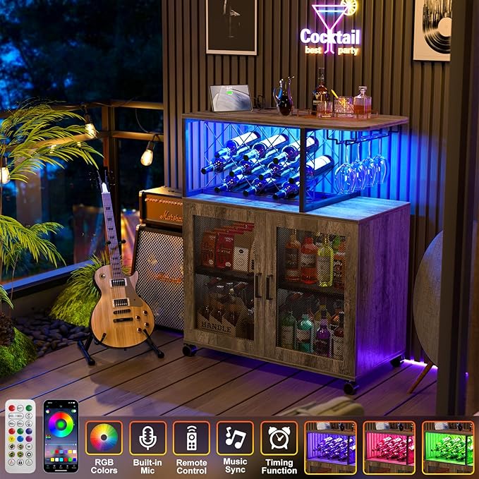 Small Bar Cart with Wheels, Liquor Cabinet with LED Light, Wine Bar Cabinet with Power Outlets, Home Mini Bar with Wine Rack, Glasses Storage for Kitchen, Dining Room, Living Room, Grey