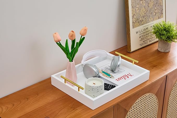 16"x12" Serving Trays with Handles, White Decorative Serving Tray, Ottoman Trays, Living Room, Bathroom, and Outdoors Decorative Trays (White)
