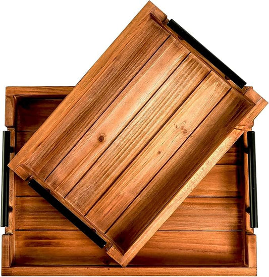 Coffee Table Tray Decorative Nested Vintage Wood Serving Tray Set for Eating, Breakfast, Party, Kitchen, Ottoman,Tea Coffee Table Large Ottoman Trays (Wood, 2pc)