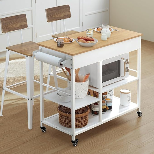 VASAGLE Kitchen Rolling Island, Mobile Kitchen Cart with Storage on Wheels, 17.7 x 38.8 x 35.4 Inches, Towel Rack, 2 Drawers, 2 Hooks, for Dining Room, Oak Beige and Matte White UKKI010Y01