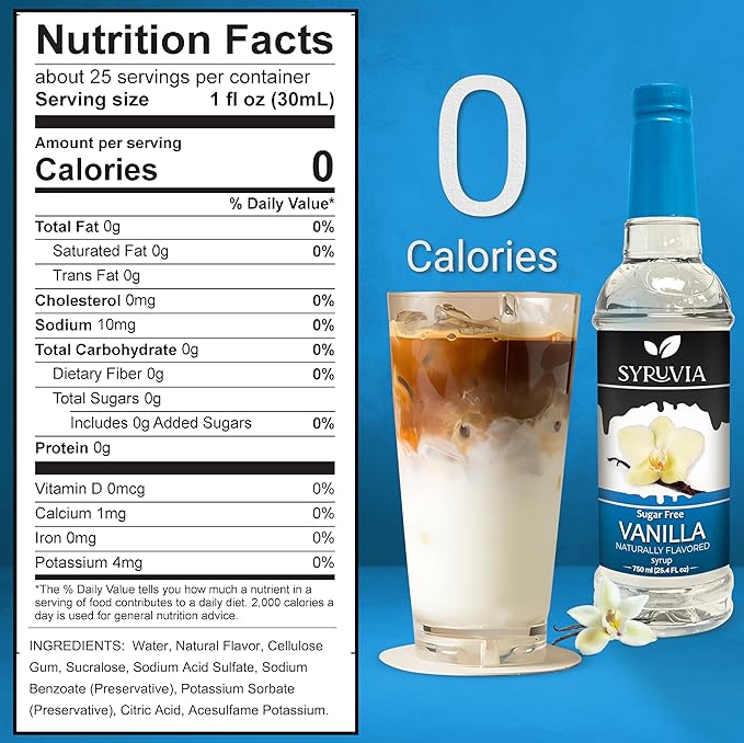 Syruvia Sugar Free Coffee Syrup, Vanilla Flavored Syrup for Drinks, Lattes, and Desserts – 25.4 fl oz, With Pump