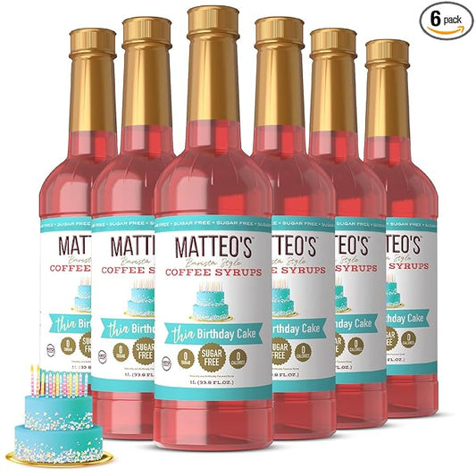 Matteo's Birthday Cake Syrup for Coffee, Lattes, Cappuccinos & Desserts – Sugar-Free Sweetener for Beverages, Keto Friendly, Zero Calories, Indulgent Flavor, Non-Alcoholic, 33.8oz (6pk)
