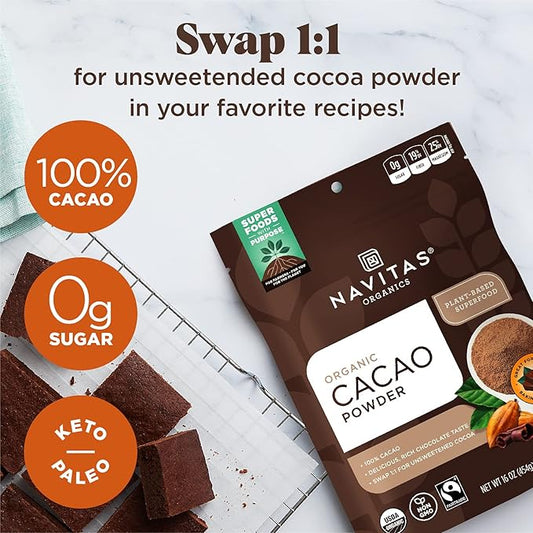 Navitas Organics Cacao Powder, 16 oz. Bags (Pack of 2) — Organic, Non-GMO, Fair Trade, Gluten-Free (19-002)