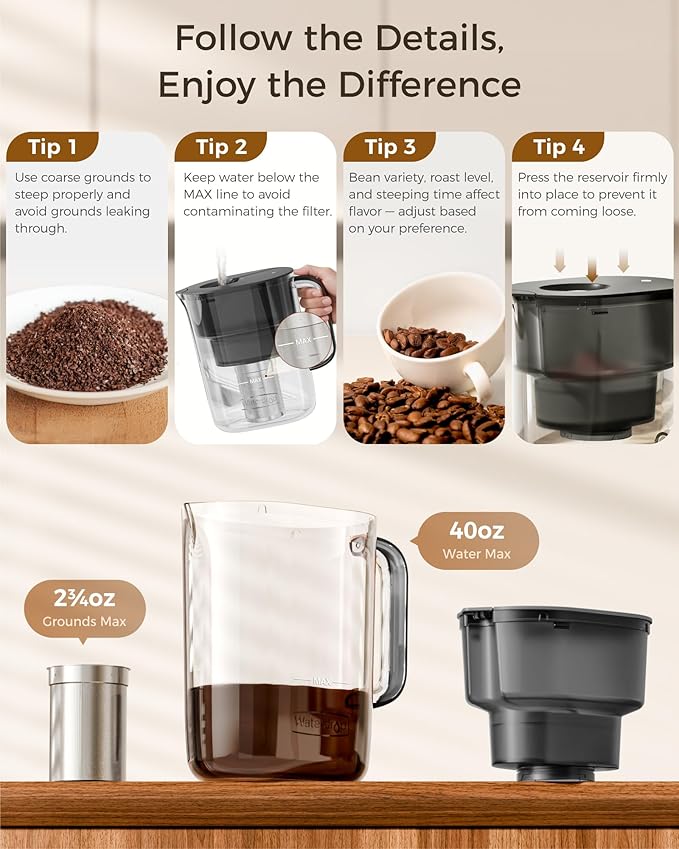 Waterdrop Cold Brew Coffee Maker with 1 Magnesium Water Filter, Well-Balanced Acidity, Unlocks Flavor and Aroma, BPA-Free, Precision Fine Mesh Filter for Iced Coffee, Tea, Lemonade, Black