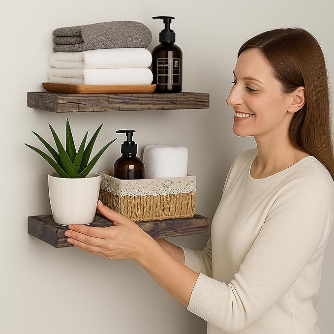 BGMG Wood Floating Shelves for Wall 12 inch Set of 2,Distressed,Rustic Wooden Wall Mount Shelves for Bathroom Living Room Bedroom Kitchen Farmhouse-12x6.7x1.25 inch-Distressed Walnut