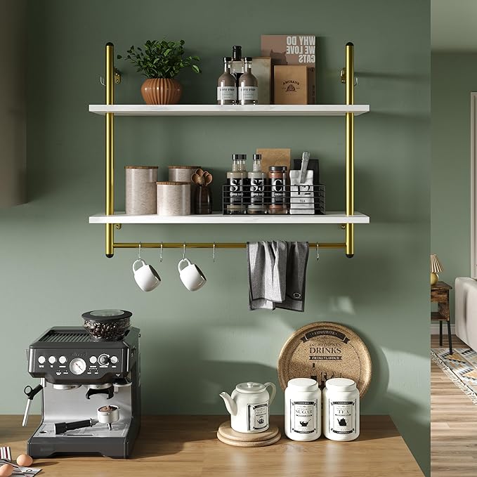 Bestier Floating Shelving 31" Kitchen Wall - Mounted Shelf with Towel Bar Hooks Coffee Bar Shelf Wine Hanging Display Rack Bookshelf Living Room Decor Bathroom - White Marble