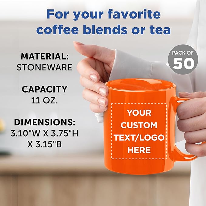 Custom Ceramic Coffee Mugs 11 oz. Set of 50, Personalized Bulk Pack - Coffee cup set, Iced coffee cup, Gaming mug - Orange