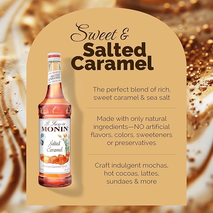 Monin - Salted Caramel Syrup, Natural Flavors, Great for Mochas, Lattes, Smoothies, Shakes, and Cocktails, Non-GMO, Gluten-Free (750 ml)