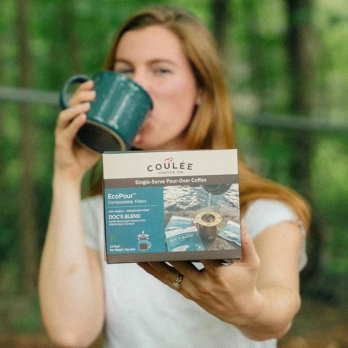 Coulée EcoPour Doc's Blend Coffee, All Paper Single Serve Pour Over Arabic Coffee, Dark Roast, Use for Camping or Traveling, Pre Filled Compostable Filters, Ready to Brew with Hot Water, Plastic Free, 10 Pack