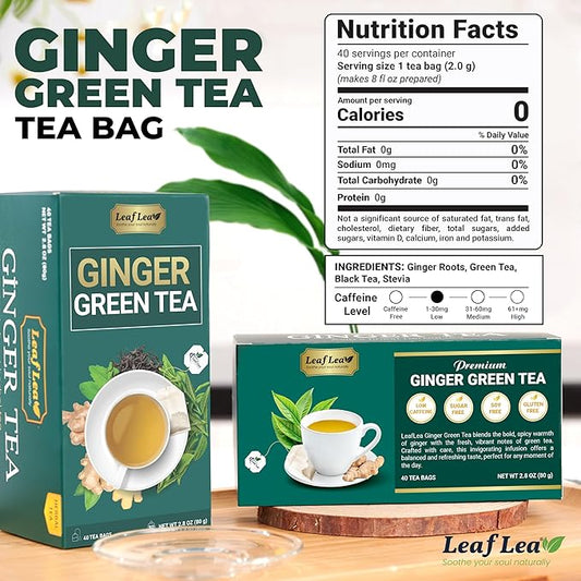 LeafLea Ginger Green Tea, 120 Tea Bags, Premium Green Tea Blend with Pure Ginger Root, Supports Digestive Wellness, Natural Flavor, Low Caffeine, Sugar-Free