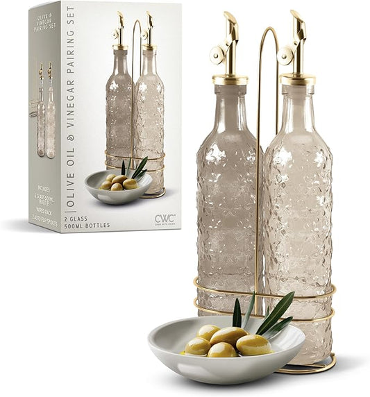 COOK WITH COLOR Glass Olive Oil Bottle Dispenser - 2 Pack- 17oz Oil and Vinegar Cruet - Olive Oil Carafe Decanter for Kitchen, Floral, Brown