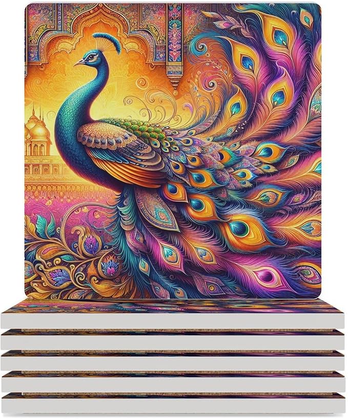 Square-6PCS Peacock Drink Coasters, Square Modern Ceramic Absorbent Coasters, Boho Art Beautiful Colorful Floral Peacock Pattren Decor Desk Coffee Table Coaster for Beverage Cup Tea Coasters