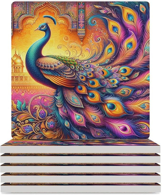 Square-6PCS Peacock Drink Coasters, Square Modern Ceramic Absorbent Coasters, Boho Art Beautiful Colorful Floral Peacock Pattren Decor Desk Coffee Table Coaster for Beverage Cup Tea Coasters