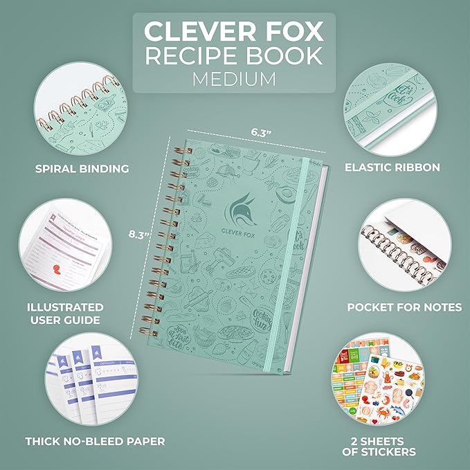 Clever Fox Recipe Book Spiral – Make Your Own Family Cookbook – Blank Recipe Notebook Organizer – Empty Cooking Journal to Write In Recipes – Medium Size, 6.3”x8.3”, Hardcover (Mint Cream)