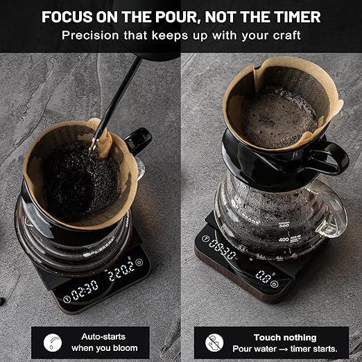 KitchenTour CaféMetric Coffee Scale with Timer 0.1g/2000g - Precision Small Scale for Espresso & Pour Over - Mini Scale with LED Display (Wood, Rechargeable)