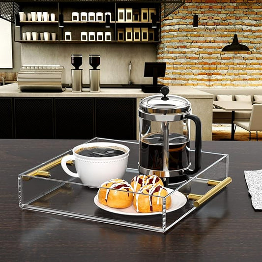 NIUBEE Clear Serving Tray 12x12 Inches -Spill Proof- Acrylic Decorative Tray Organiser for Ottoman Coffee Table Countertop with Round Handles