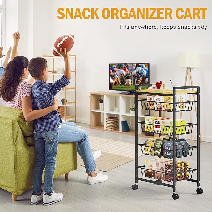 TOOLF 5-Tier Kitchen Cart with Tabletop, Rolling Snack Cart with Lockable Wheels, Fruit Vegetable Storage Basket with 4 Pack Mats, Metal Storage Rack with Pull-Out Pantry Cart for Organizer