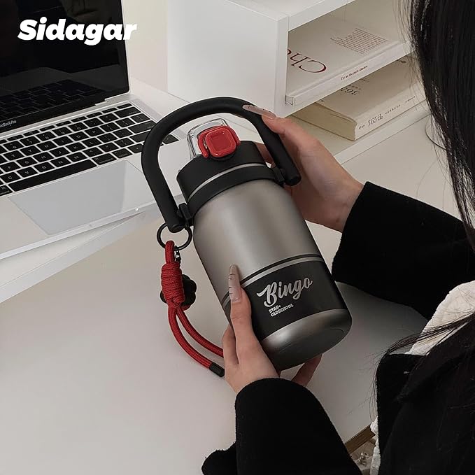 32 oz Insulated Water Bottle with Handle & Straw, Stainless Steel Double Wall Vacuum Tumbler, Leakproof Bottle Drinks Flask for Women grey